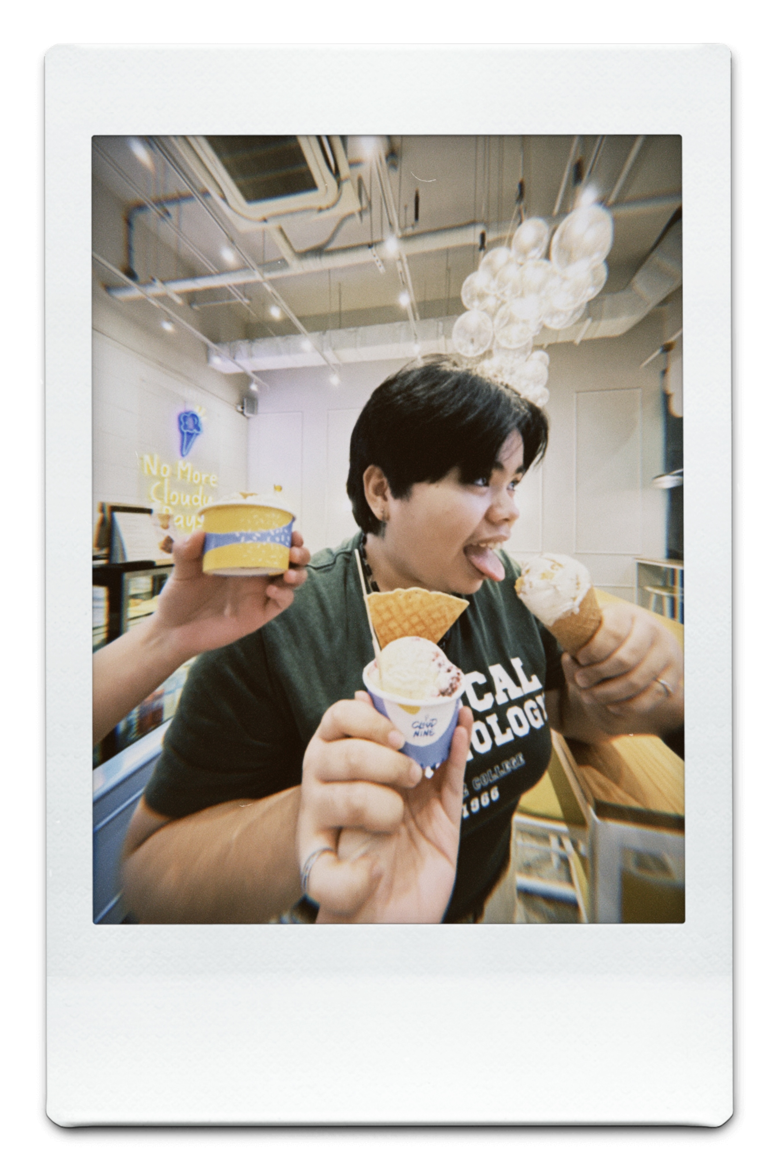 Connie eating ice cream at Cloud Nine Creamery before the interview